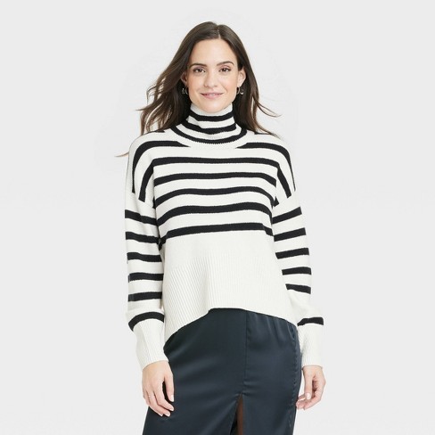 Women's Crewneck Tunic Pullover Sweater - A New Day™ Cream/black Striped Xs  : Target