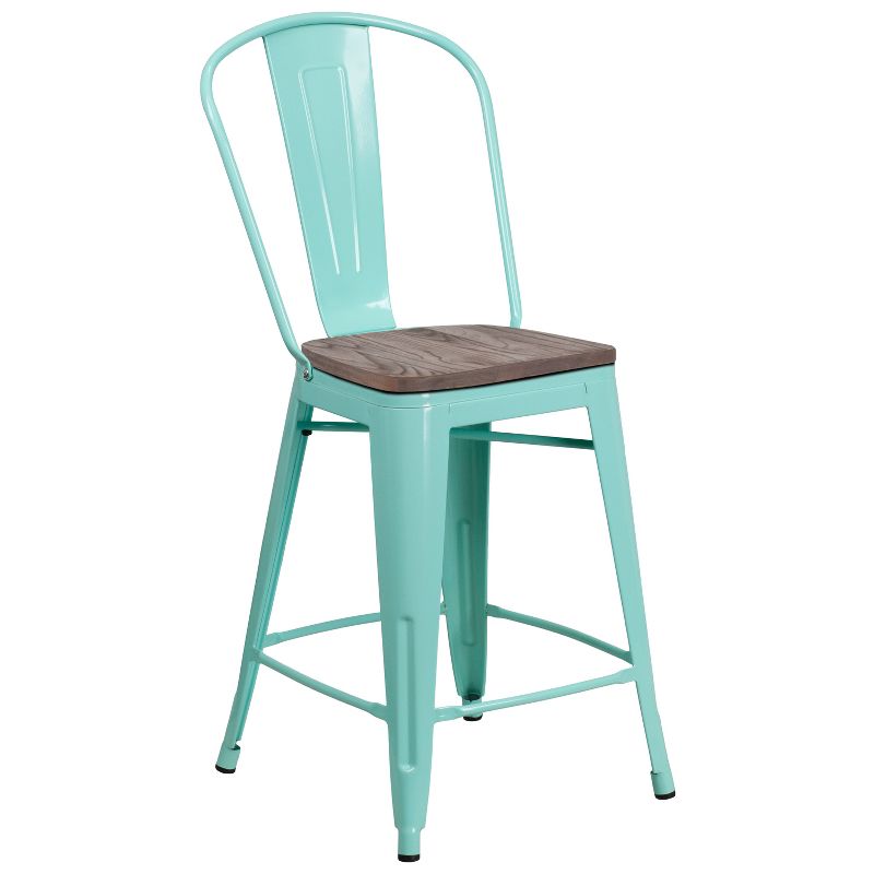 Merrick Lane 24" Metal Indoor-Outdoor Counter Stool with Vertical Slat Back, Integrated Footrest and Wood Seat, 1 of 8