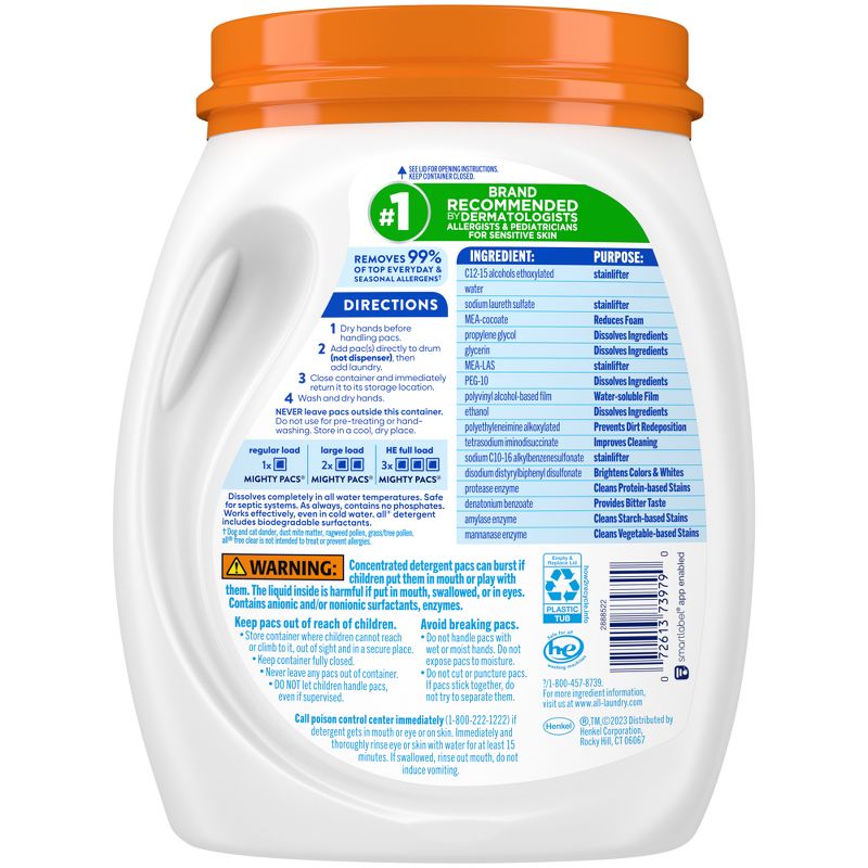 All Mighty Pacs Free Clear Laundry Detergent Pacs with OXI Stain Removers - 56ct/39.5oz, 3 of 11