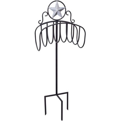 Liberty Garden Decorative Manger Style Water Hose Stand Holder Hanger with Star Top Design for Backyard with Heavy Duty 3 Prong Anchor Support, Black