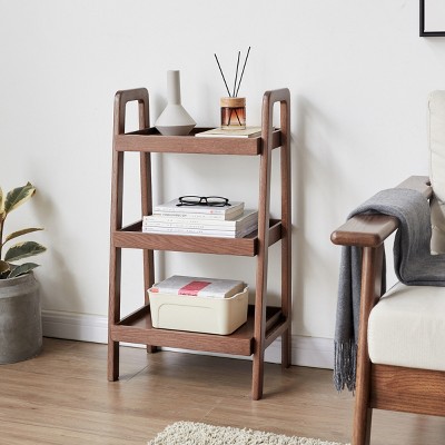 Walnut Solid Oak 3-Tier Ladder Bookshelf with Enclosed Sides,Freestanding Scandinavian Storage Rack for Entryway or Bedroom-3irtyhousy