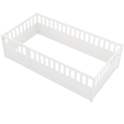 VYNXARIA White Wooden Floor Bed Frame Twin Size with Ultra - High Safety Barrier and Door, Ideal for Children's Rooms and Bedrooms