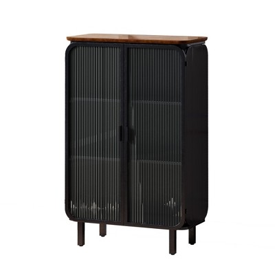 28.35" Metal Storage Cabinet with Glass Doors and 3 Shelves,Black Storage Cabinet,Metal Pantry Cabinet for Living Room,Home Office,Dining Room