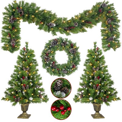 4FT Pre-Lit Artificial Christmas Tree Set, 4-Piece Christmas Decor with LED Garland, Wreath, 2 Entrance Trees, Realistic Xmas Tree Kit - Koiai