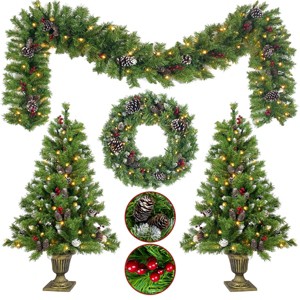 4FT Pre-Lit Artificial Christmas Tree Set, 4-Piece Christmas Decor with LED Garland, Wreath, 2 Entrance Trees, Realistic Xmas Tree Kit - Koiai - 1 of 4