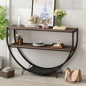 Rustic Industrial Design Demilune Shape Textured Metal Distressed Wood Console Table (Dark Brown) - 1 of 4