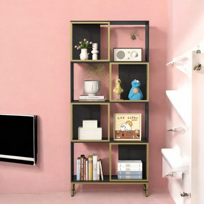 Alilang 31.50 Inch Modern Geometric Open Shelf Bookcase with Gold Accents-Black and Gold