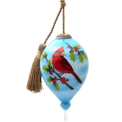 HomeRoots Red Cardinal on Christmas Holly Branches Hand Painted Mouth Blown Glass Ornament