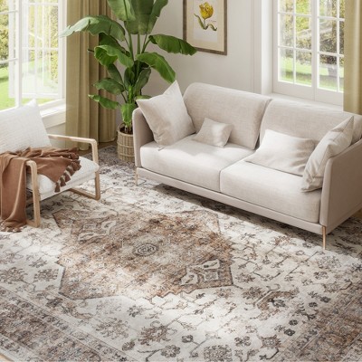 HOMCOM 8x10 Area Rug, Vintage Machine Washable Rug, Non-Slip Distressed Floor Carpet for Living Room, Bedroom, Dining Room, Home Office, Tan