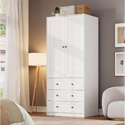Nasitip Armoire Wardrobe Closet, 69.5" Wooden Wardrobe Cabinet with 3 Drawers, Hanging Rod, 2 Louvered Doors Clothing Storage Cabinet for Bedroom