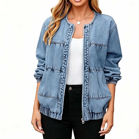 Женские куртки YesFashion Women's Casual Round Neck Denim Jacket, Zip Up Loose Fit Bomber Outerwear Coat Dark blue S