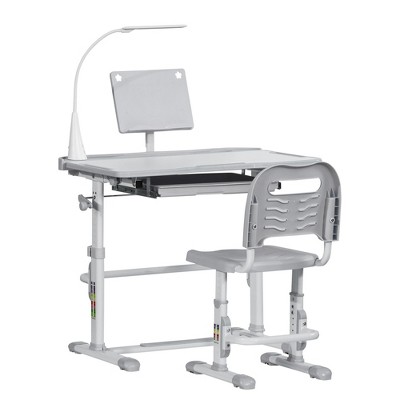 Qaba Kids Desk and Chair Set, Height Adjustable School Study Table and Chair, Student Writing Desk with Tilt Desktop, LED Lamp, Pen Box, Drawer, Reading Board, Cup Holder, and Pen Slots