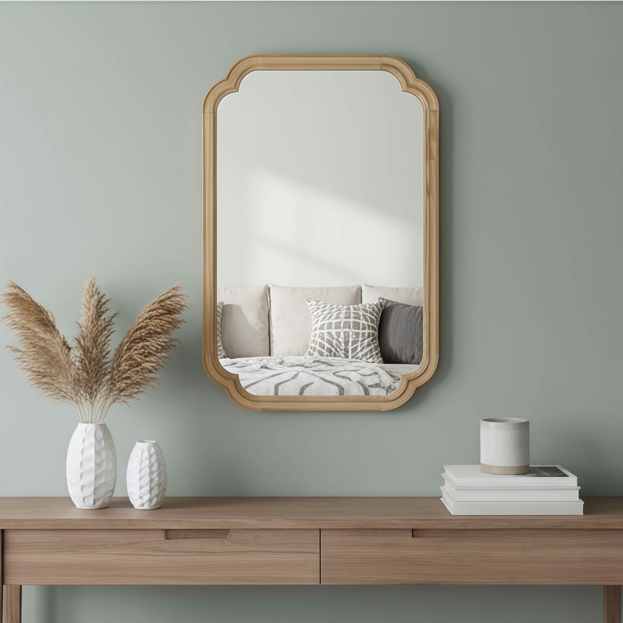 MAYEERTY 24" x 36" Solid Wood Frame Rounded Corner Decorative Mirror for Bedroom Bathroom Living Room Natural Wood