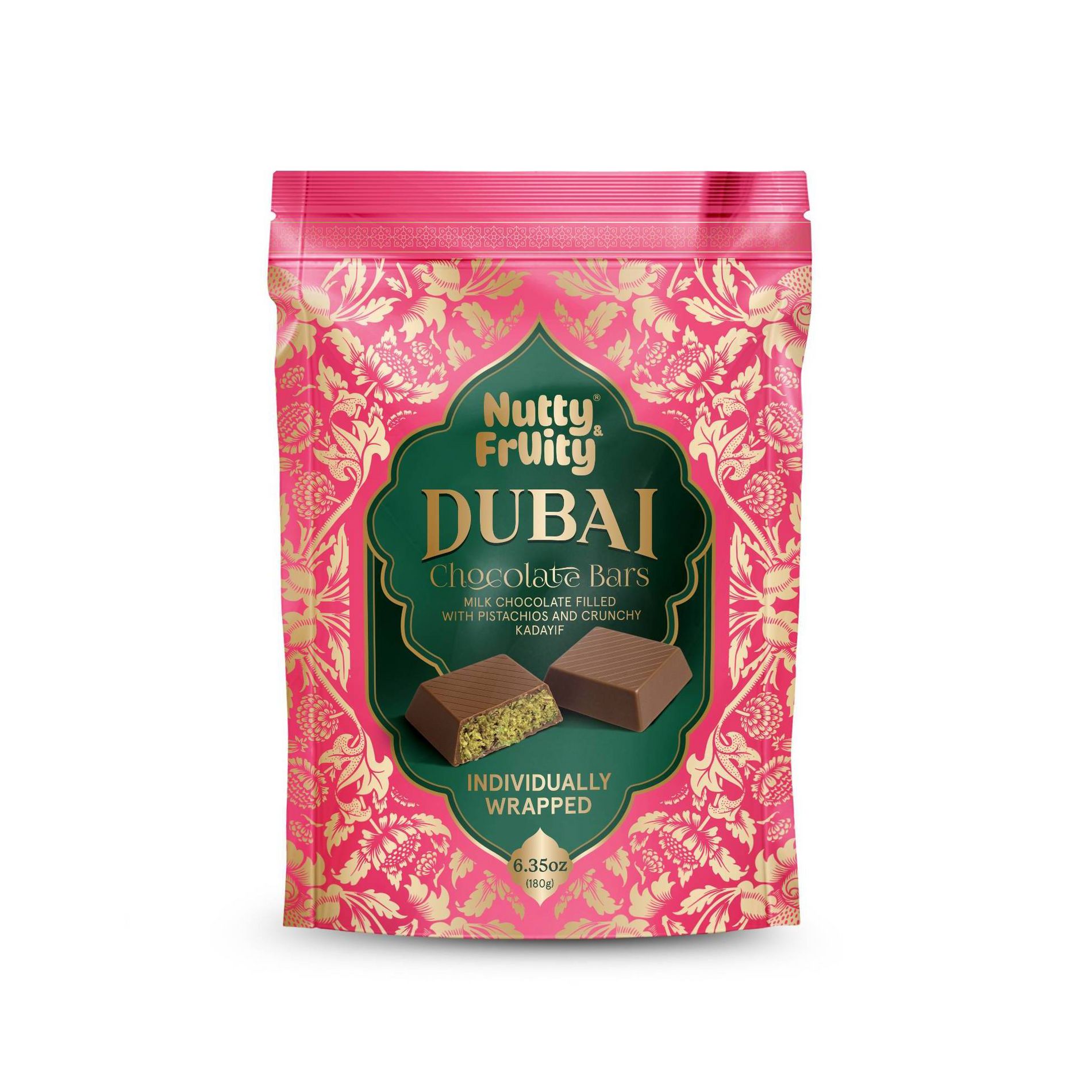 Nutty and Fruity Dubai Chocolate Bars Pink Bag Valentine's Candy - 6.35oz