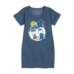 - Peanuts - Charlie Brown And Linus Skiing Graphic Short Sleeve Fleece Dress - 1 of 4