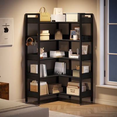 Corner bookshelf in a bedroom-like setting