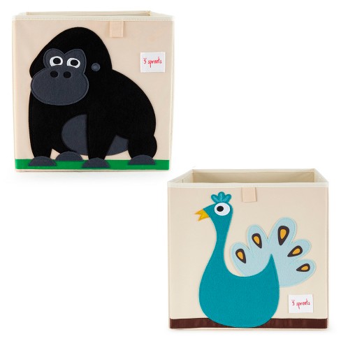 3 Sprouts Kids Childrens Nursery Foldable Fabric Organizing Storage Cube Box Toy Bin Bundle with Friendly Gorilla and Blue Peacock (2 Pack) - image 1 of 4