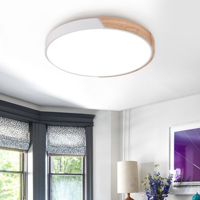 Rennnsan Olyndra 11"-15"W Round Wood Modern Dimmable LED Flush Mount in White