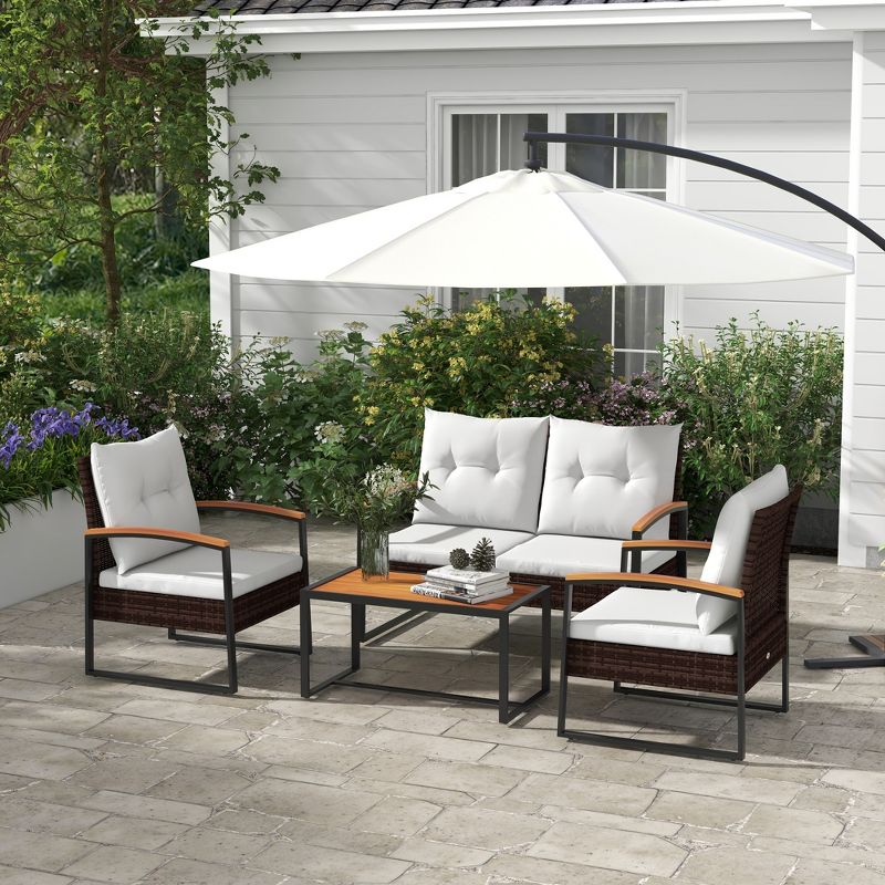 Outsunny 4 Piece Patio Furniture Set with Cushions, Sofa, Chair, Wood Coffee Table, White, 3 of 7