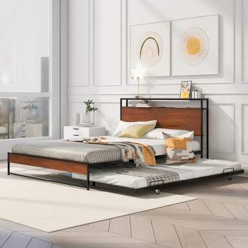 Metal Platform Bed Frame with Trundle Bed, USB Ports and Slat Support-ModernLuxe