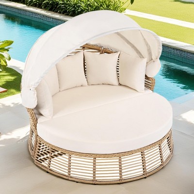 Outdoor Patio Rattan Round Daybed Sunbed with Retractable Canopy and Removable Cushions