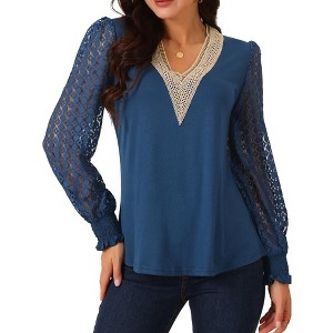 Seta T Women's Lace V Neck Long Sleeve Simple Casual Fall Winter Fashion T-Shirt - 1 of 4
