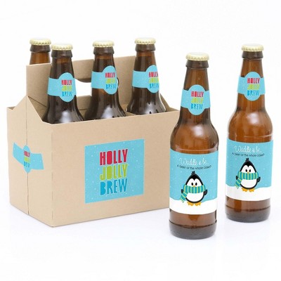 Big Dot of Happiness Holly Jolly Penguin - Holiday & Christmas Decorations for Women and Men - 6 Beer Bottle Label Stickers and 1 Carrier