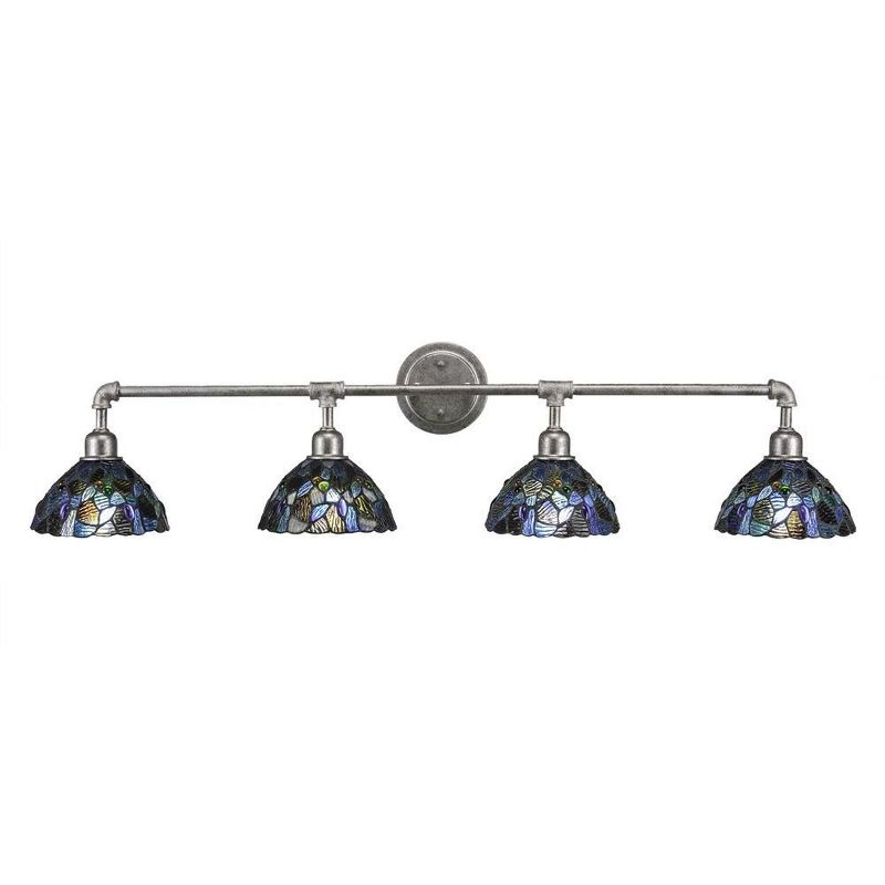 Toltec Lighting Vintage 4 - Light Vanity in  Aged Silver with 7" Blue Mosaic Art Glass Shade, 1 of 2