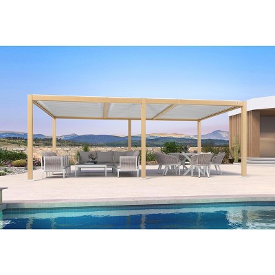 PURPLE LEAF Louvered Pergola Outdoor Aluminum Pergola with White Adjustable Rainproof Roof Wood Grain Frame Hardtop Gazebo for Patio Deck Garden