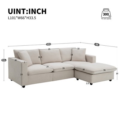 UPHA 4-Seat Sectional Sofa Polyester Fabric Couch Set with Convertible Ottoman for Living Room