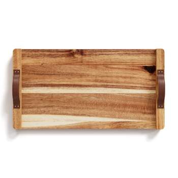 American Atelier Acacia Wood Rectangular Tray with Leather Handles, Serving Platters, Wooden Board for Cheese, Meats, Snack or Charcuterie, 18” x 9”