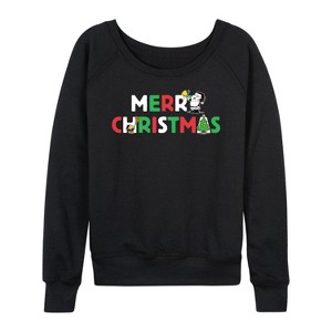 Women's - Peanuts - Merry Christmas Stacked Lightweight French Terry Wide Neck Long Sleeve Shirt - 1 of 4