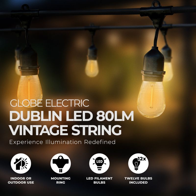 Globe 24 Feet 80 Lumens S14 Dublin LED Vintage String 12 Bulb Light Set, Includes 12 Sockets, Plug In, Black Cord and Bulbs for Indoor and Outdoor Use, 2 of 7