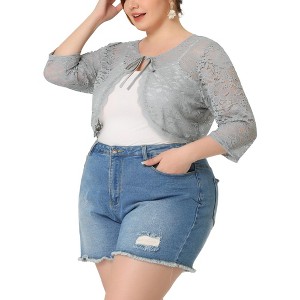 Agnes Orinda Women's Plus Size Shrug 3/4 Sleeves Lace Tie Neck Crop Bolero Cardigan - 1 of 4
