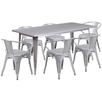 Emma and Oliver Commercial Grade Rectangular Metal Indoor-Outdoor Table Set with 6 Arm Chairs