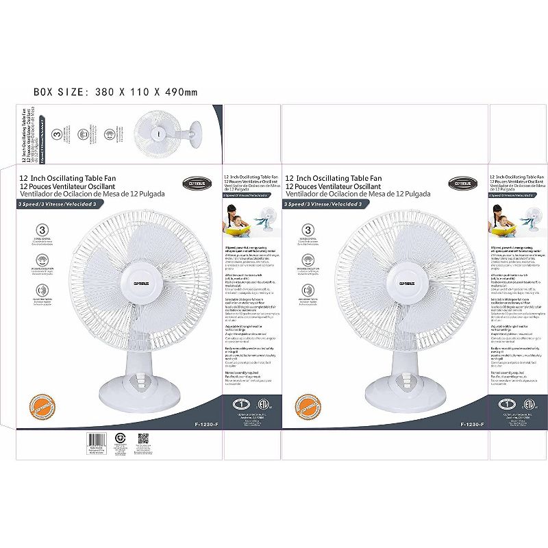 Optimus F-1230 12-Inch Oscillating 3-Speed Table Fan, White, 5 of 7