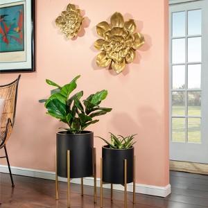 Set of 2 Metal Planter Set with Gold Stand - Indoor & Outdoor Decorative Iron Plant Holders for Home & Garden - Modern Raised Flower Pot - 1 of 4