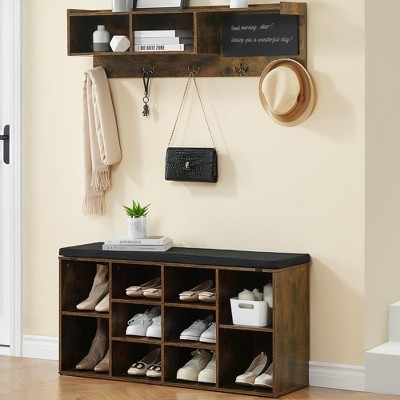Hall Tree Shoe Bench Industrial 6 in 1 Coat/Shoe Rack with 5 Hooks