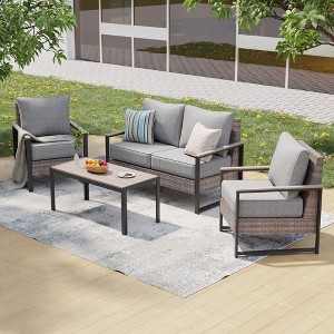 Sonkuki Outdoor Furniture Set Patio Conversation Sofa with Coffee Table Set, All-Weather PE Rattan Couch with Cushion - 1 of 4