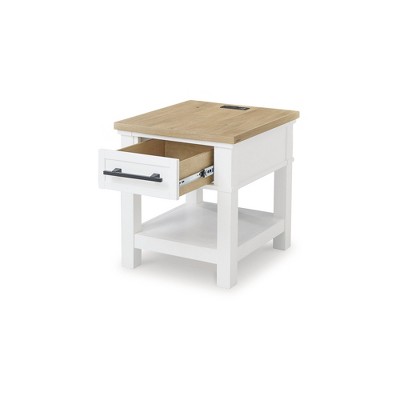White and Light Brown Oak Veneer End Table with Storage Drawer