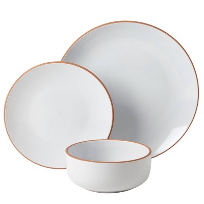 Infuse 12-Piece White Ceramic Dinnerware Set with Terracotta Rim