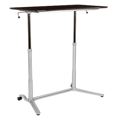 Adjustable Dark Wood Grain Sit/Stand Mobile Desk with Keyboard Tray
