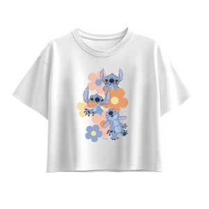 Girls' - Disney - Stitch Pop Flowers Short Sleeve Boxy Graphic T-Shirt - 1 of 2
