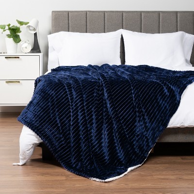 Navy Blue Reversible Sherpa Fleece Throw Blanket