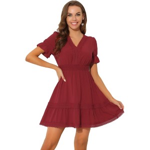 INSPIRE CHIC Women's V Neck Smocked Elastic Waist Short Sleeve Boho Crochet Trim Mini Dress - 1 of 4