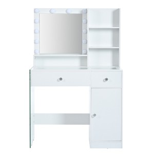 VYNXARIA Vanity Desk with Mirror,Makeup Vanity with Glass Top and Storage Shelves,Dressing Table with 2 Drawers and Cabinet,White - 1 of 4