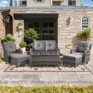 Gymojoy 6 Piece Outdoor Wicker Loveseat Sofa with Patio Swivel Glider Chairs with Coffee Table and Ottoman Sets - 1 of 4
