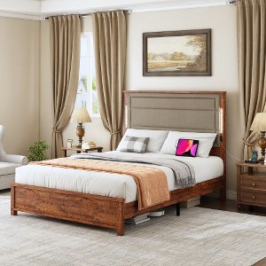 Queen Size Bed Frame with Upholstered Headboard, Queen Bed Frame with Charging Station and LED Lights, Wood Slats, No Box Spring Needed - 1 of 4