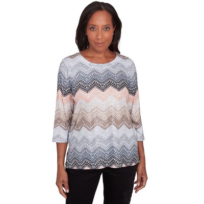 Alfred Dunner Womens Lacey Ombre Chevron Crewneck Top , Tan , Size S