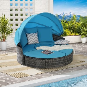 5-Piece Outdoor Patio Round Daybed Set, Wicker Conversation Group with Retractable Canopy, Soft Cushions, and Storable Table - 1 of 4
